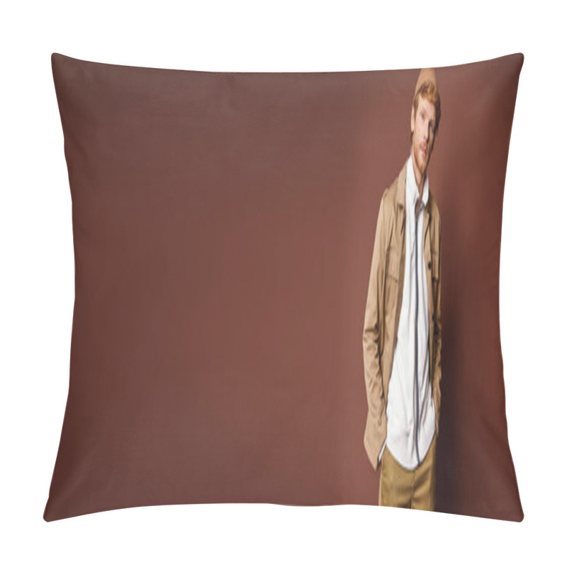 Personality  A Stylish Man Standing Confidently In Front Of A Vibrant Red Wall. Pillow Covers