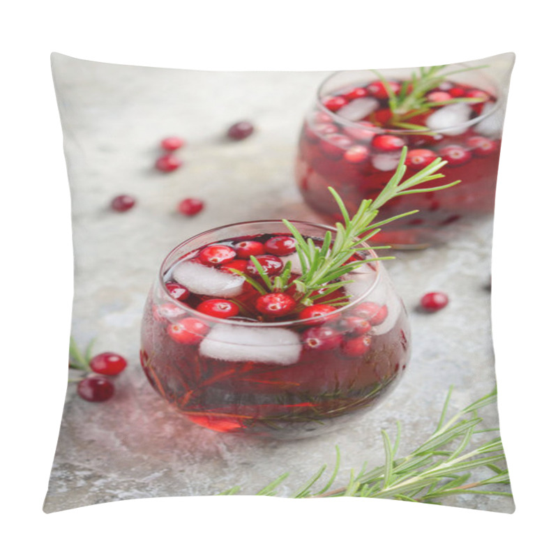 Personality  Cold Refreshing Drink With Cranberries And Rosemary On A Gray Concrete Background Pillow Covers