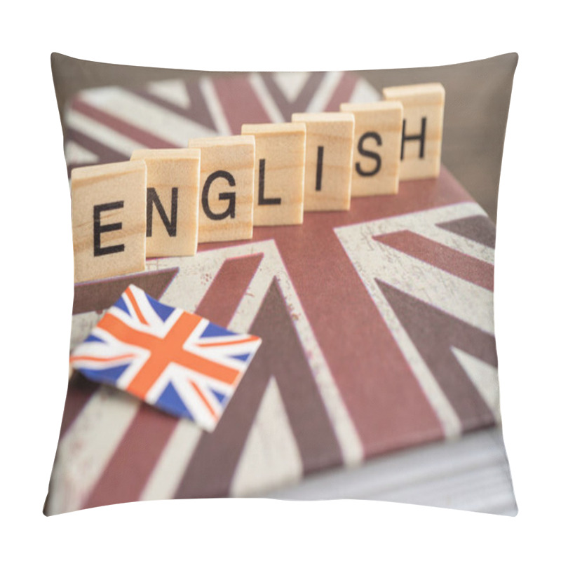 Personality  Word English On Book With United Kingdom Flag, Learning English Language Courses Concept. Pillow Covers