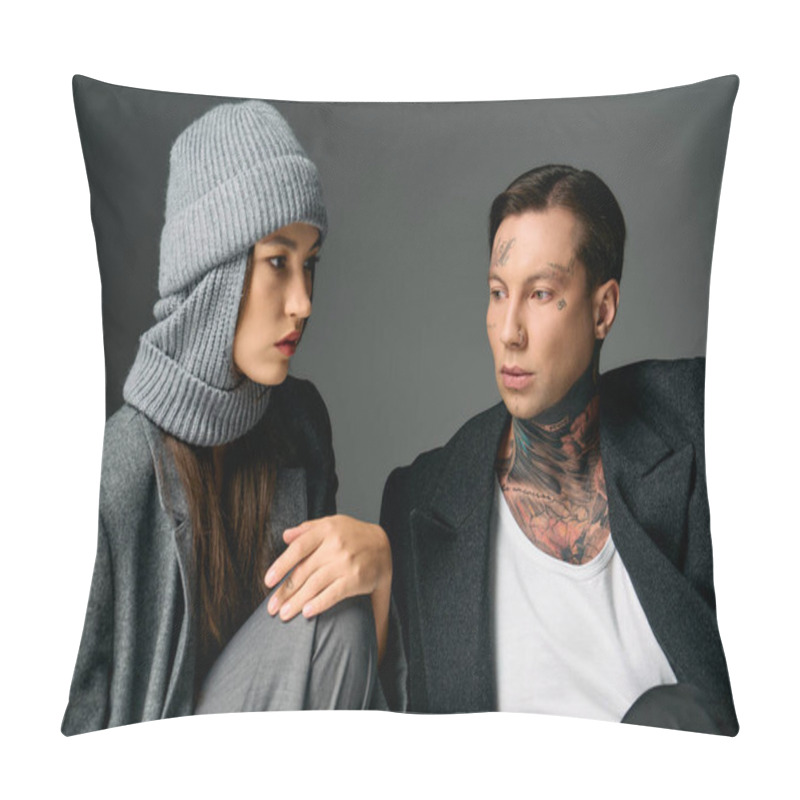 Personality  A Fashionable Young Couple Engaged In A Deep Conversation While Showcasing Their Unique Style. Pillow Covers