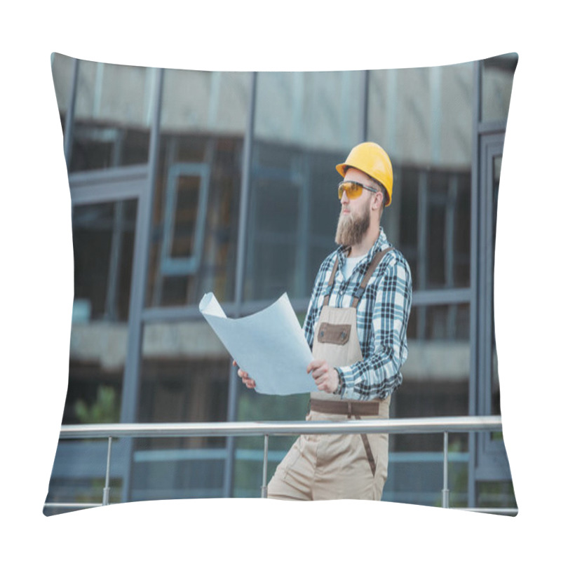 Personality  Young Construction Worker In Protective Googles And Hardhat Looking At Blueprint   Pillow Covers