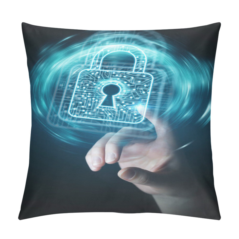 Personality  Businessman Using Digital Padlock With Data Protection 3D Render Pillow Covers