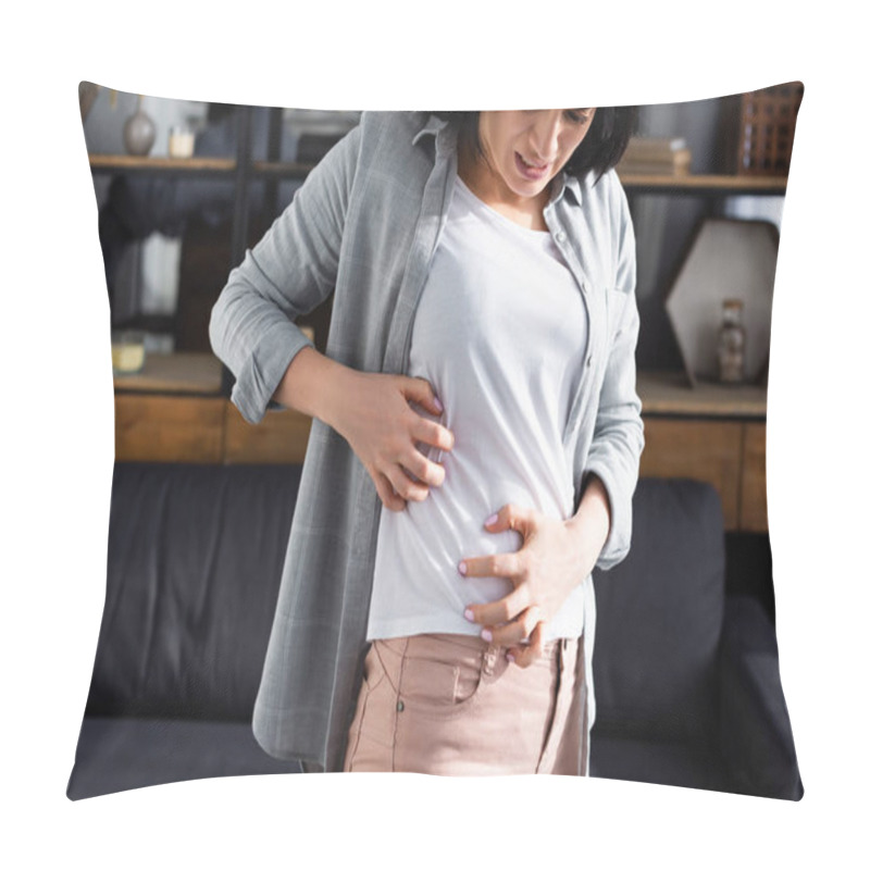 Personality  Upset Woman With Allergy Scratching Stomach At Home  Pillow Covers