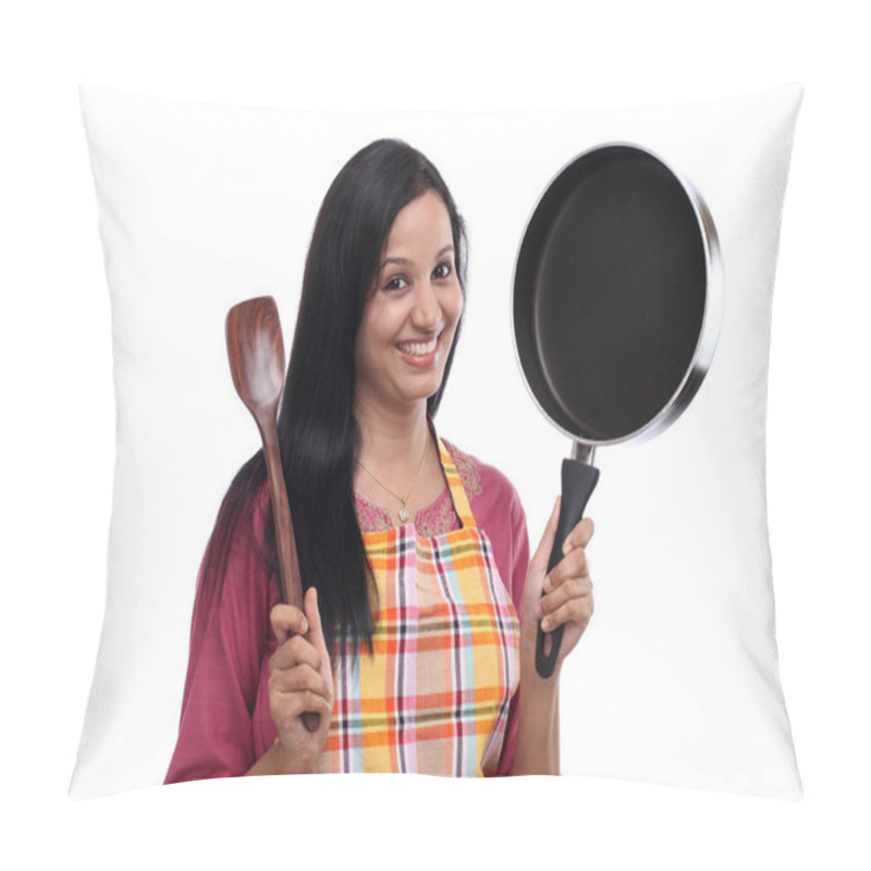 Personality  Young Indian Woman Holding Kitchen Utensil Against White Pillow Covers