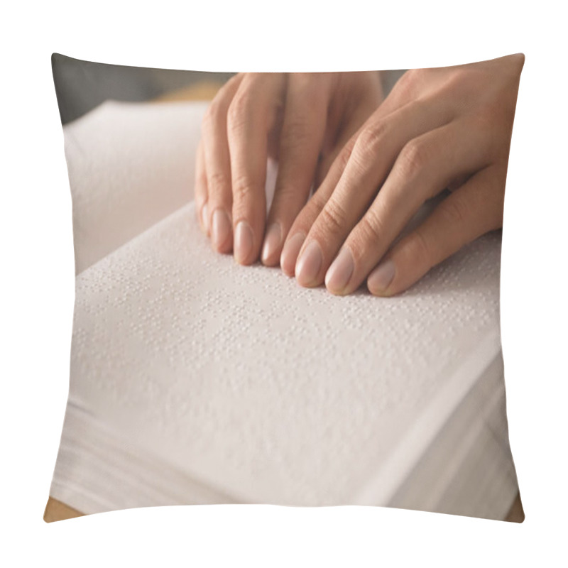 Personality  Blind Man Reading Book Written In Braille, Closeup Pillow Covers