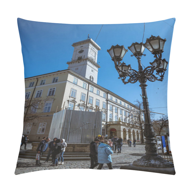 Personality  LVIV, UKRAINE - March 20, 2022: Protective Structures For Protection In Case Of Bombing - Statues Of Fountains Of Diana, Neptune, Amphitrides And Adonis In The Market Square Around The Town Hall. Pillow Covers