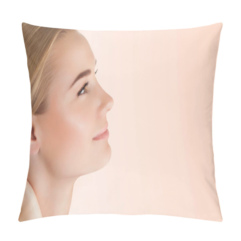 Personality  Profile Portrait Of A Pretty Woman With Perfect Skin Isolated On Clear Background, Using Anti Acne Or Anti Aging Cream, Health And Beauty Care Concept Pillow Covers