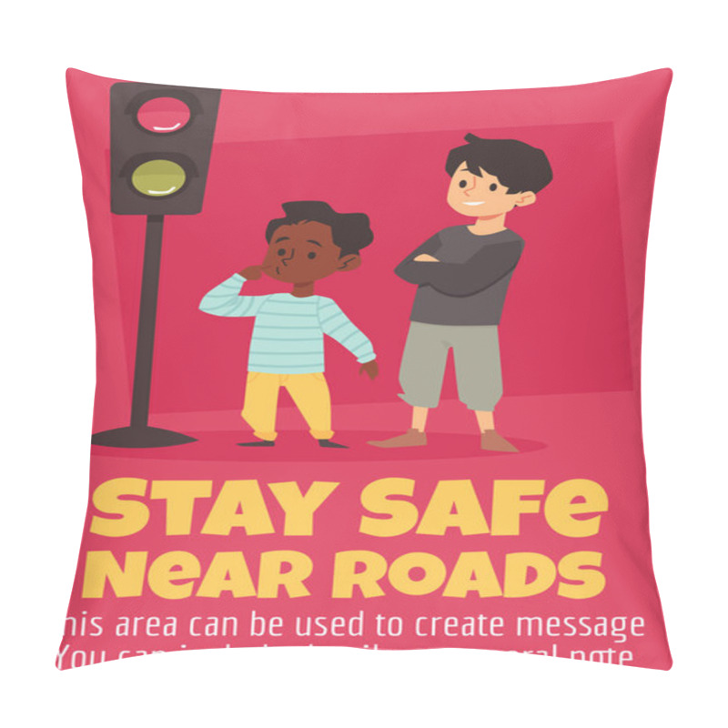 Personality  Safe Traffic Rules For Kids Card Or Banner, Flat Cartoon Vector Illustration. Pillow Covers