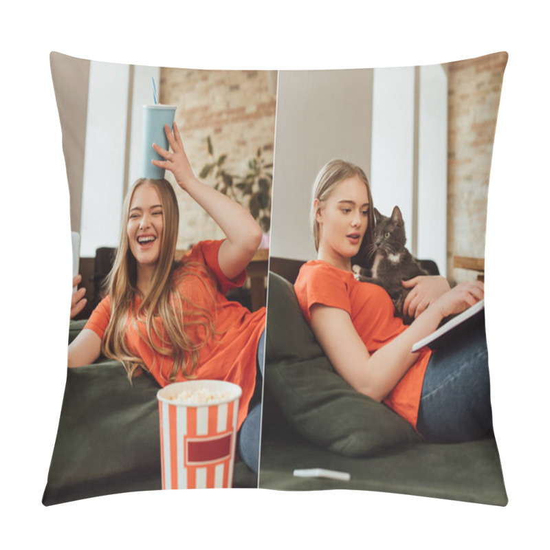 Personality  Collage Of Cheerful Girl Taking Selfie With Popcorn Bucket And Reading Book While Holding Cat  Pillow Covers