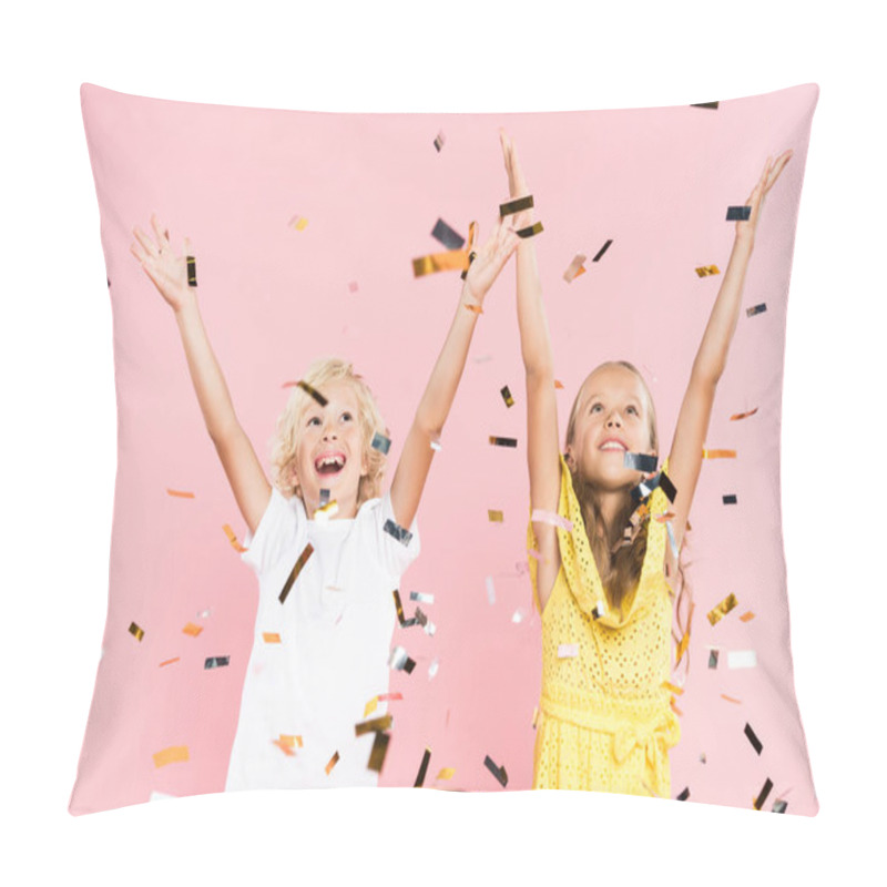 Personality  Smiling Kids With Outstretched Hands Near Falling Confetti On Pink Background  Pillow Covers