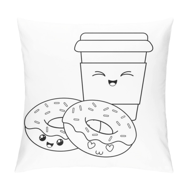 Personality  Delicious Sweet Donuts And Coffee Kawaii Characters Vector Illustration Design Pillow Covers