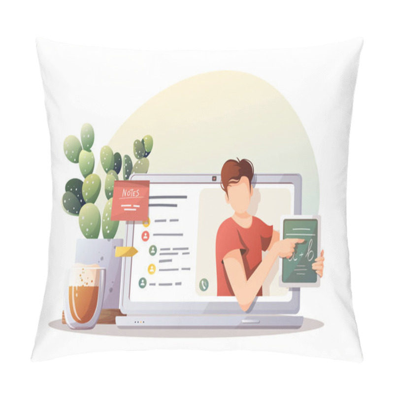 Personality  Laptop With Teacher On The Screen, Houseplant, Coffee Cup. Studying, Online Training, Distance Education, E-learning, Tutorials And Courses. Isolated Vector Illustration For Poster, Banner, Cover. Pillow Covers