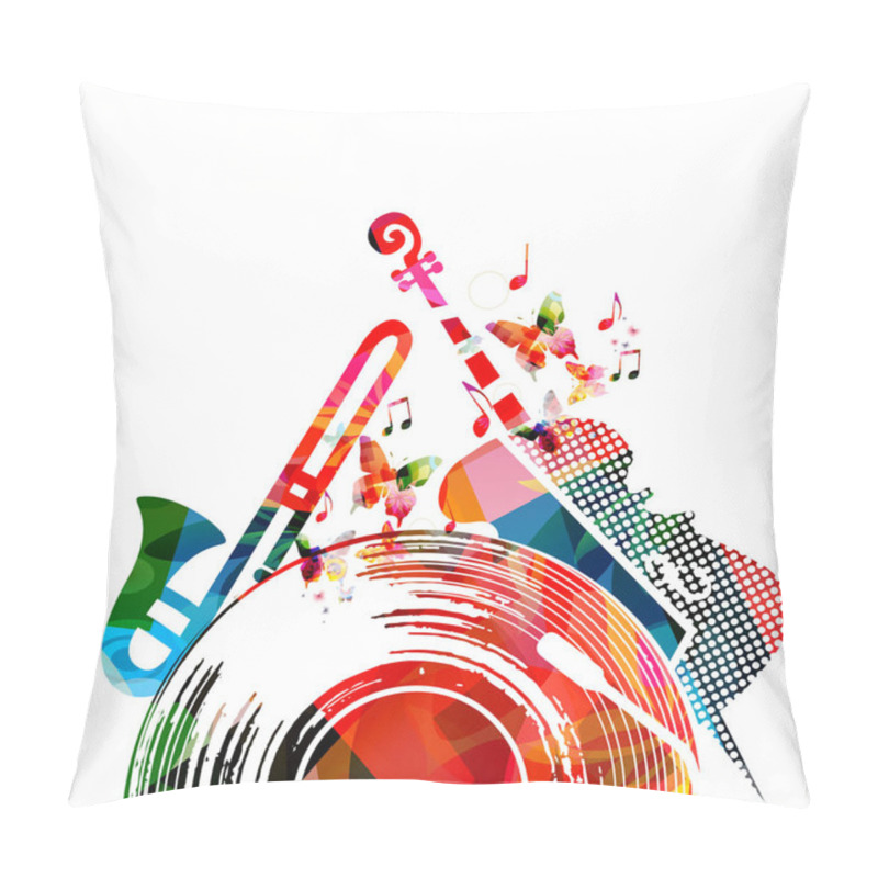 Personality  Colorful Music Background Poster With Vinyl Record, Violoncello, Trumpet And Music Notes. Music Festival Poster Vector Illustration Pillow Covers