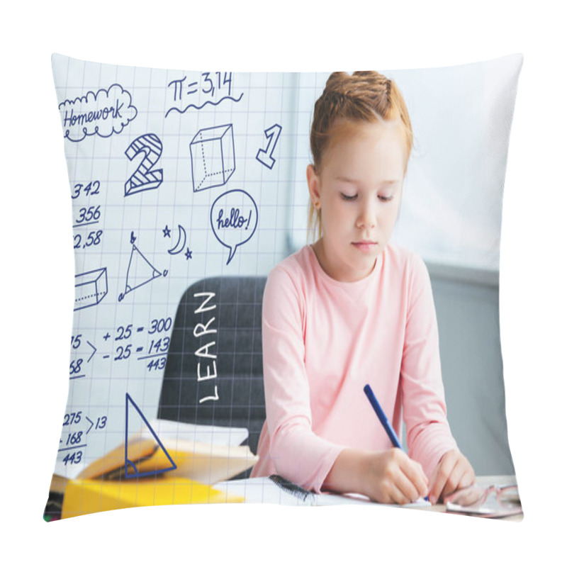 Personality  Adorable Red Haired Schoolgirl Sitting At Desk And Studying At Home With Math Icons Pillow Covers