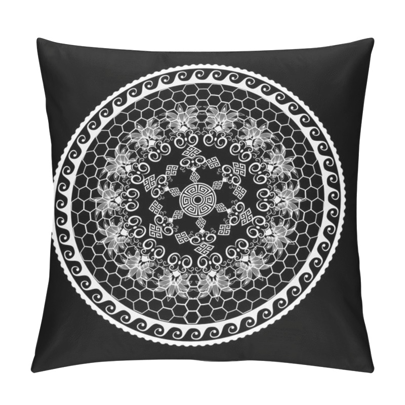 Personality  Greek Vector Black And White Round Mandala Pattern. Ornamental Modern Lace Background. Honeycomb Backdrop. Geometric Shapes, Circles, Waves, Rhombus, Grid. Vintage Flowers, Leaves. Greek Key Meanders. Pillow Covers