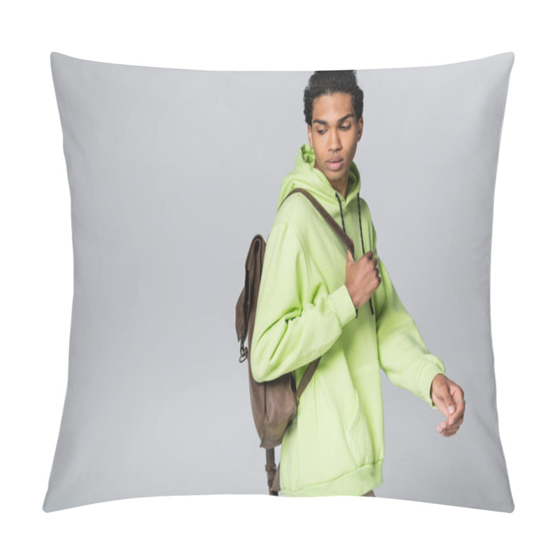 Personality  African American Guy Wearing Green Hoodie And Carrying Leather Backpack Isolated On Grey Pillow Covers