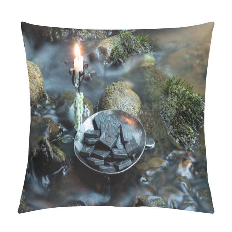 Personality  Norse Runes In A Forged Bowl With Candle. In The Evening  On The River Pillow Covers