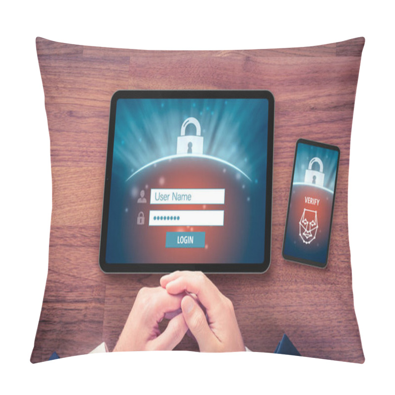 Personality  Two-factor Authentication (2FA) And Face Identification Security Concept. User With Digital Tablet And Smart Phone And Two-factor Authentication Security Process, Flatlay Design. Pillow Covers