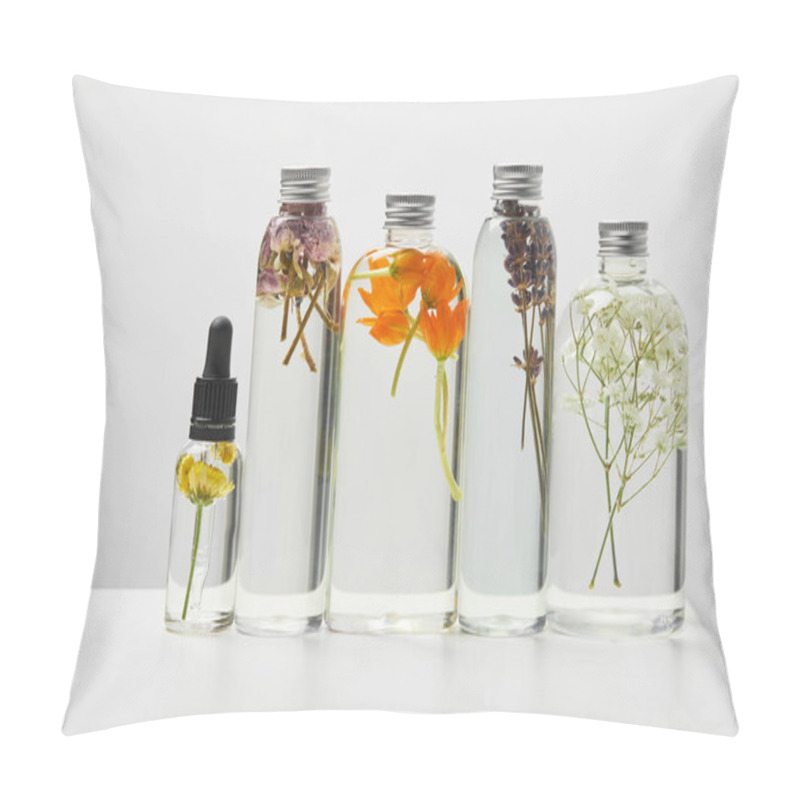 Personality  Organic Beauty Products In Transparent Bottles With Herbs And Wildflowers Arranged In Row On White Table Isolated On Grey  Pillow Covers