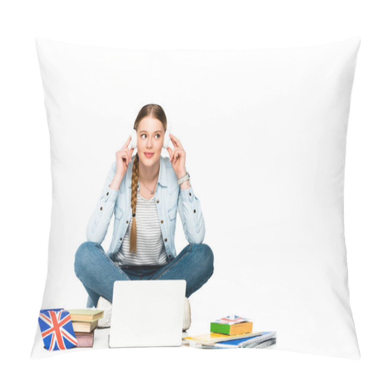 Personality  Smiling Girl Sitting On Floor In Headphones Near Laptop, Books And Copybooks, Uk Flag Isolated On White Pillow Covers