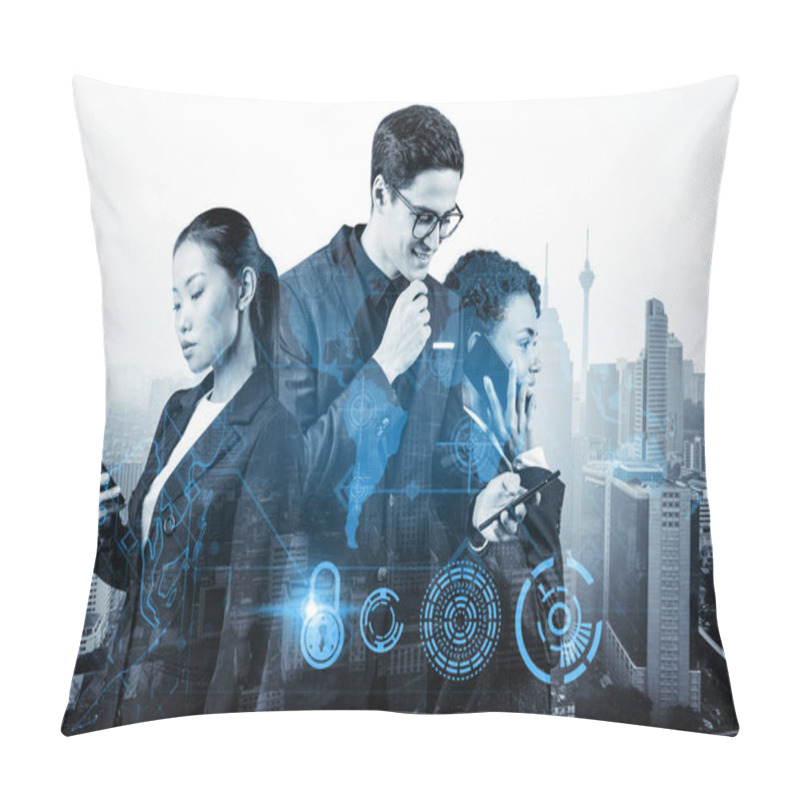 Personality  Group Of Business Colleagues As A Part Of Multinational Corporate Team Working On Project To Protect Clients Information At Cybersecurity Compliance Division. IT Lock Icons Over Kuala Lumpur Pillow Covers