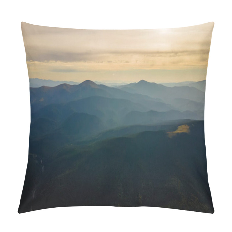 Personality  Aerial View Of Dark Mountain Hills With Bright Sunrays Of Setting Sun At Sunset. Hazy Peaks And Misty Valleys In Evening. Pillow Covers