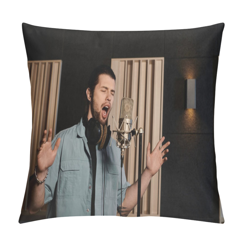 Personality  A Man Passionately Sings Into A Microphone In A Recording Studio During A Music Band Rehearsal Session. Pillow Covers