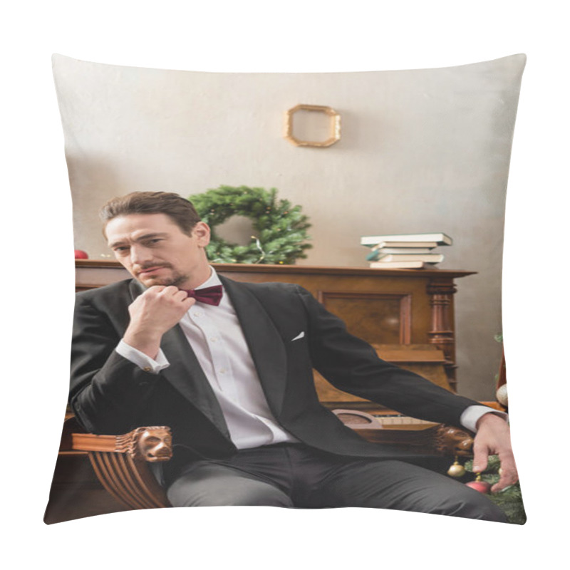 Personality  Elegant Gentleman In Tuxedo With Bow Tie Sitting Near Piano With Books And Christmas Baubles Pillow Covers