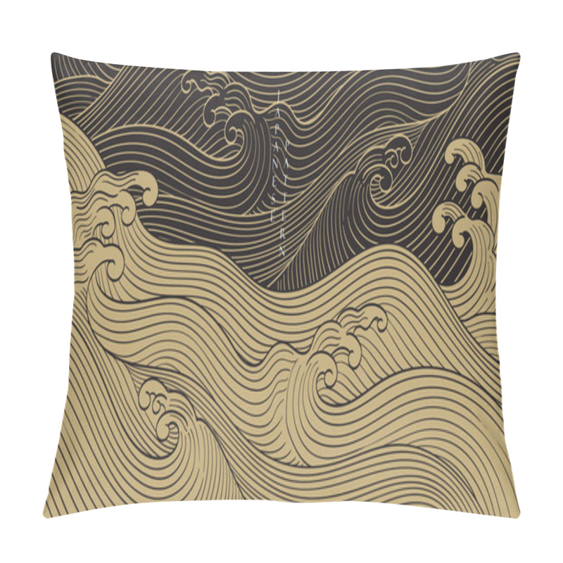 Personality  Black Japanese Background With Hand Drawn Wave Elements Vector. Gold Line Pattern With Ocean Object In Vintage Style. Pillow Covers