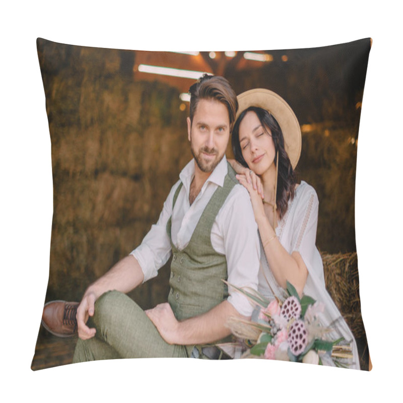 Personality  Portrait Of Newlyweds In Boho Style At Ranch Pillow Covers