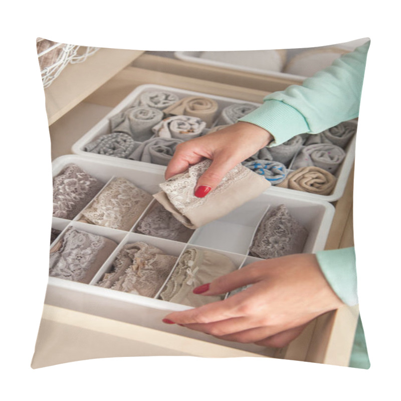 Personality  Unidentified Neat Housewife Puts Container With Socks And Pantyhose On Wardrobe Drawer During General Cleaning By Modern Storage System. Concept Of Beautiful And Comfortable Organization Pillow Covers