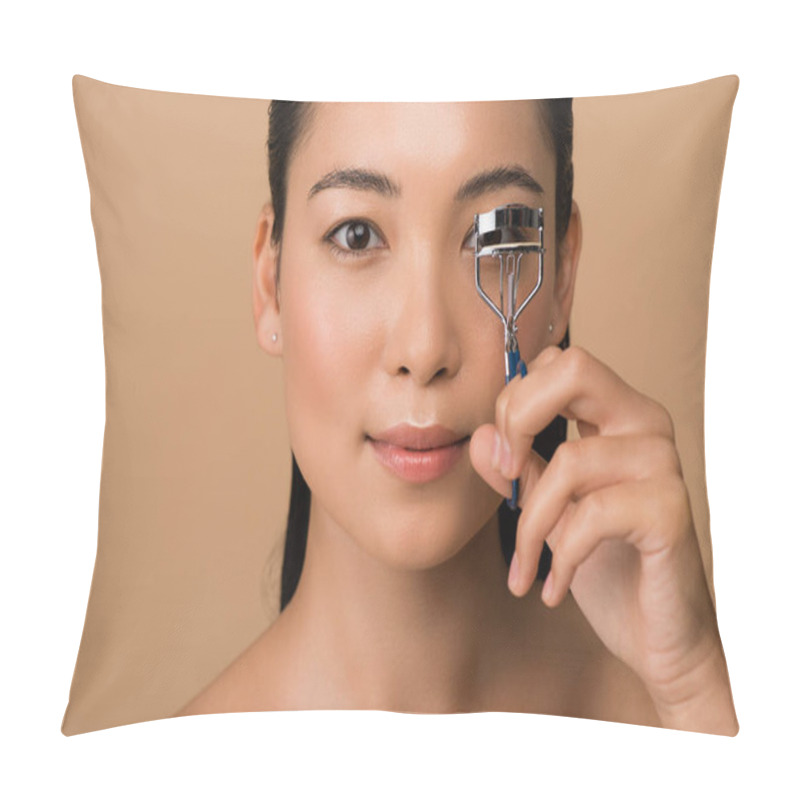 Personality  Beautiful Naked Asian Girl Using Eyelash Curlers Isolated On Beige Pillow Covers