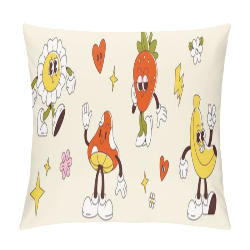 Personality  Retro Groovy Cartoon Characters Of Daisy And Mushroom, Banana And Strawberry With Decorative Elements. Vector Set Of Cute Fruits And Flowers With Funny Face Emotions And Poses For Vintage Design. Pillow Covers