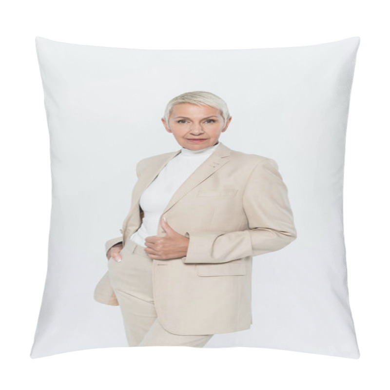 Personality  Grey Haired Businesswoman Posing Isolated On Grey, Feminism Concept Pillow Covers