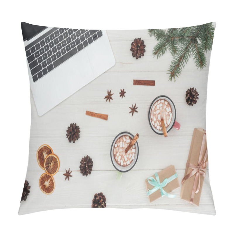 Personality  Flat Lay With Laptop, Cups Of Hot Chocolate And Christmas Presents On Wooden Table  Pillow Covers