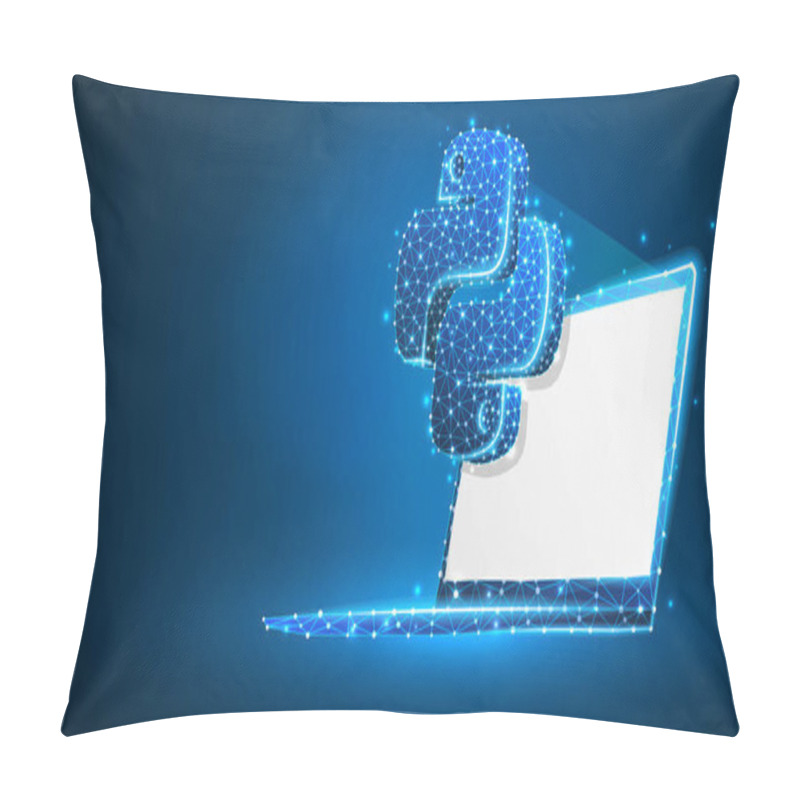 Personality  Python Coding Language Sign On White Notebook Screen. Device, Programming, Developing Concept. Abstract, Digital, Wireframe, Low Poly Mesh, Vector Blue Neon 3d Illustration. Triangle, Line, Dot, Star Pillow Covers