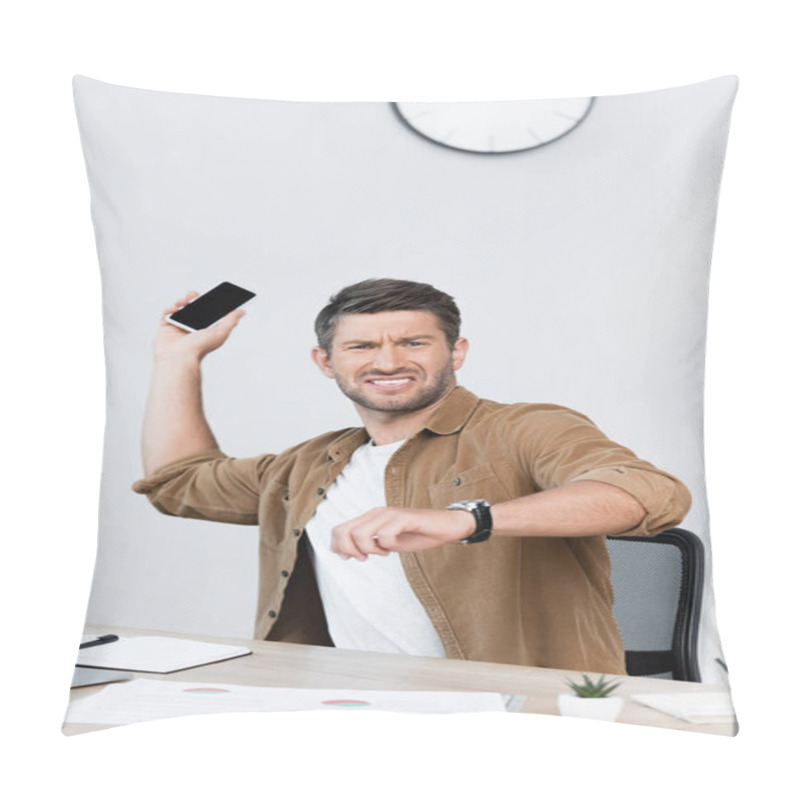 Personality  Angry Businessman Looking At Camera While Getting Rid Of Smartphone At Workplace Pillow Covers