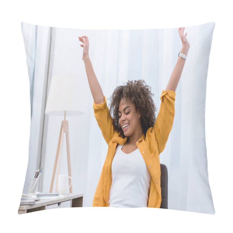 Personality  Happy Young Woman With Raised Hands Pillow Covers