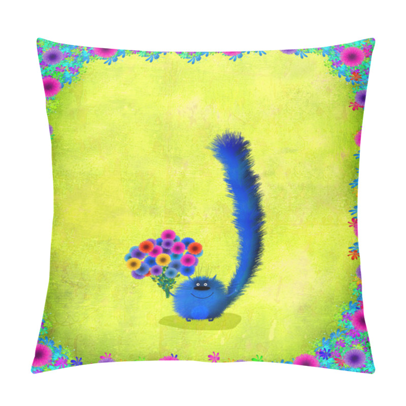 Personality  Blue Kitten With Flowers Floral Frame Pillow Covers