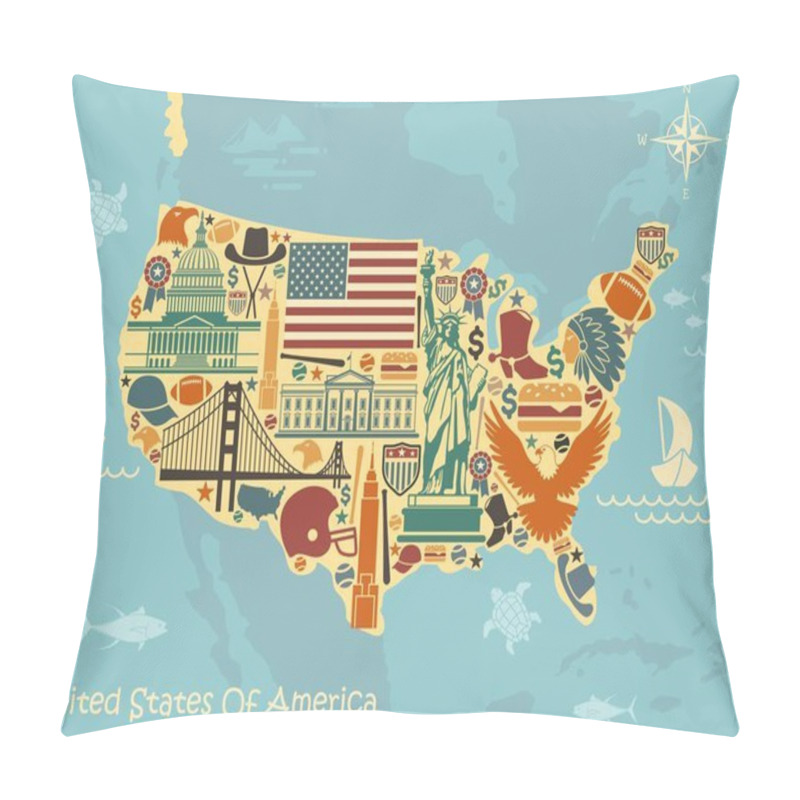 Personality  Stylized Map Of USA With Traditional Symbols Pillow Covers