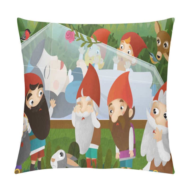 Personality  Cartoon Scene With Princess And Dwarfs Near Her Where She Is Sleeping Magical Dream Illustration For Children Pillow Covers