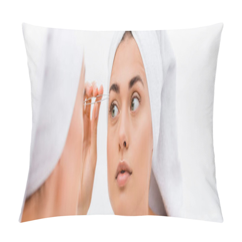 Personality  Woman With White Towel On Head Tweezing Eyebrows Near Mirror, Blurred Foreground, Banner Pillow Covers