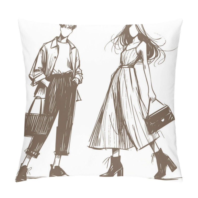 Personality  Fashionable Couple In Casual Clothes Minimalist Stylized Illustration Pillow Covers