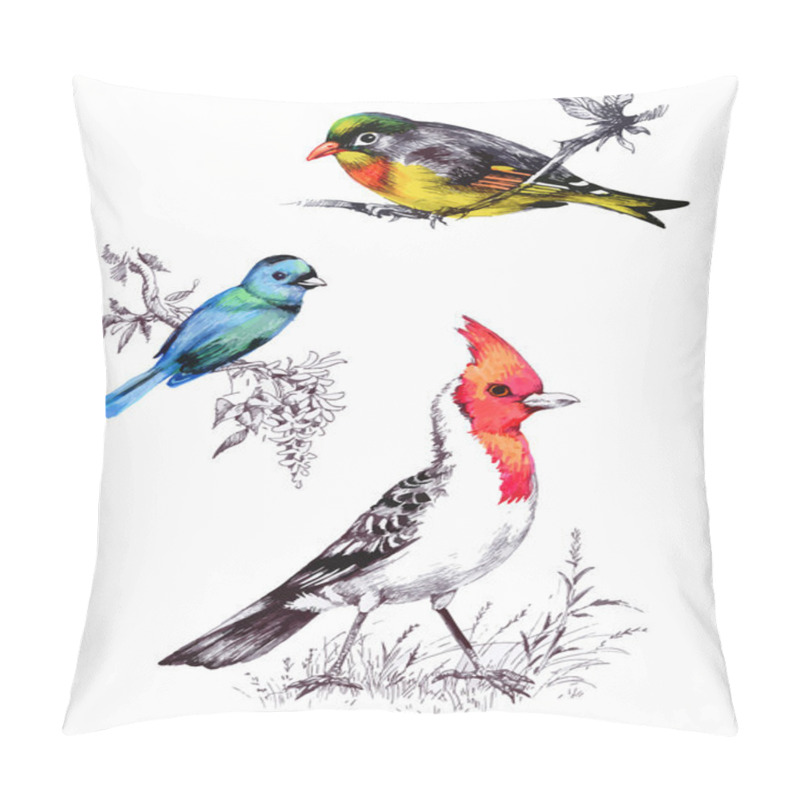 Personality  Bright Birds On Branches With Flowers Pillow Covers