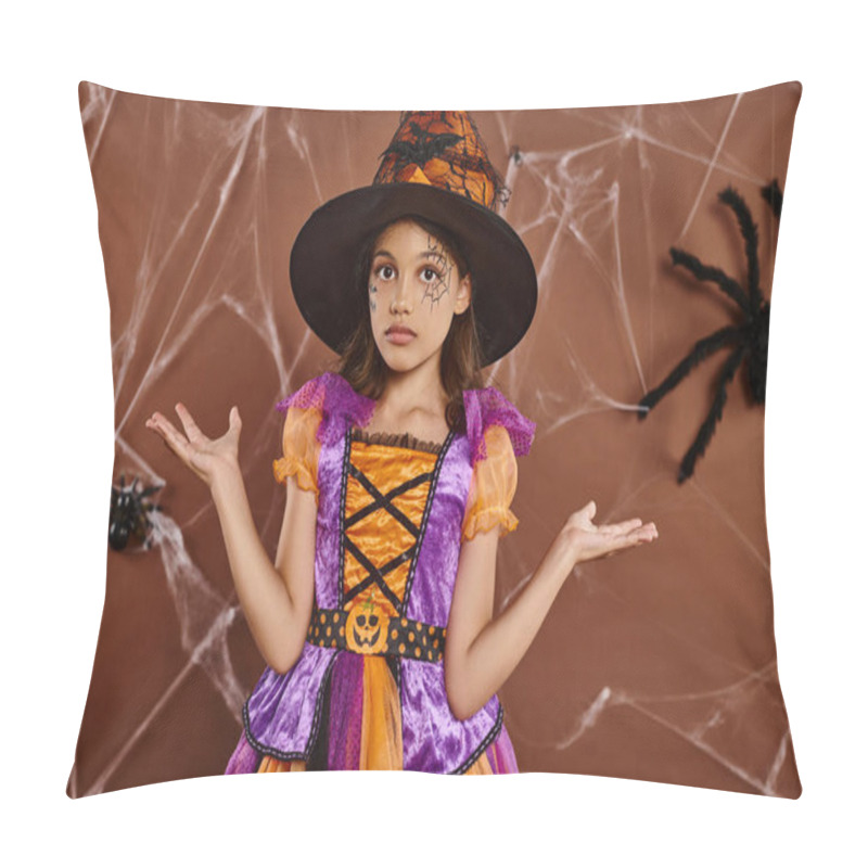 Personality  Confused Girl In Witch Hat And Halloween Costume Near Cobwebs On Brown Backdrop, Spooky Season Pillow Covers