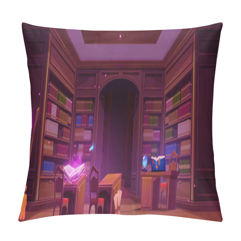 Personality  Magic School Library Interior. Vector Cartoon Illustration Of Dark Room With Vintage Bookcases, Many Books On Shelves, Spellbook On Desk, Broomstick And Staff With Gemstone, Fortunetelling Crystal Pillow Covers