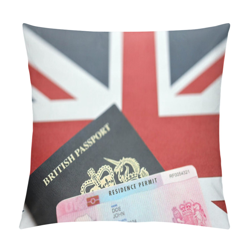 Personality  Residence Permit BRP Card And British Passport Of United Kingdom On Union Jack Flag Close Up Pillow Covers