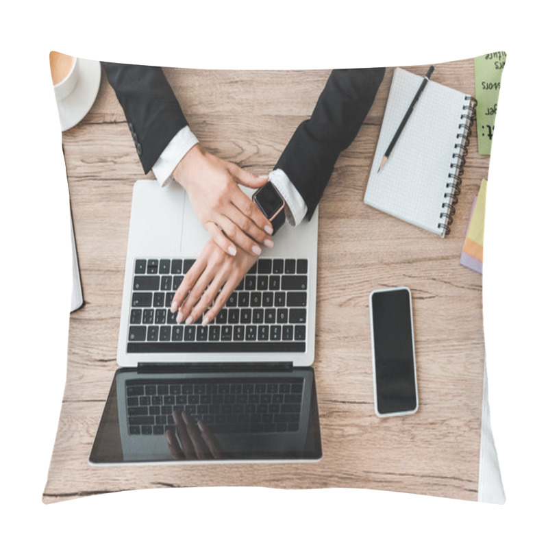 Personality  Top View Of Businesswoman Near Gadgets With Bank Screens And Cup Of Coffee In Office  Pillow Covers