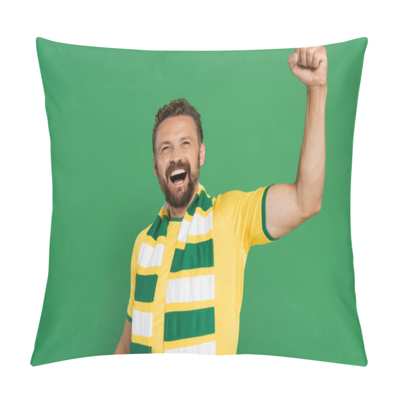 Personality  Emotional Sports Fan In Striped Scarf And Yellow T-shirt Rejoicing Isolated On Green  Pillow Covers