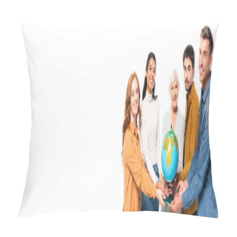 Personality  Multicultural People Smiling At Camera While Holding Globe Together Isolated On White, Banner  Pillow Covers